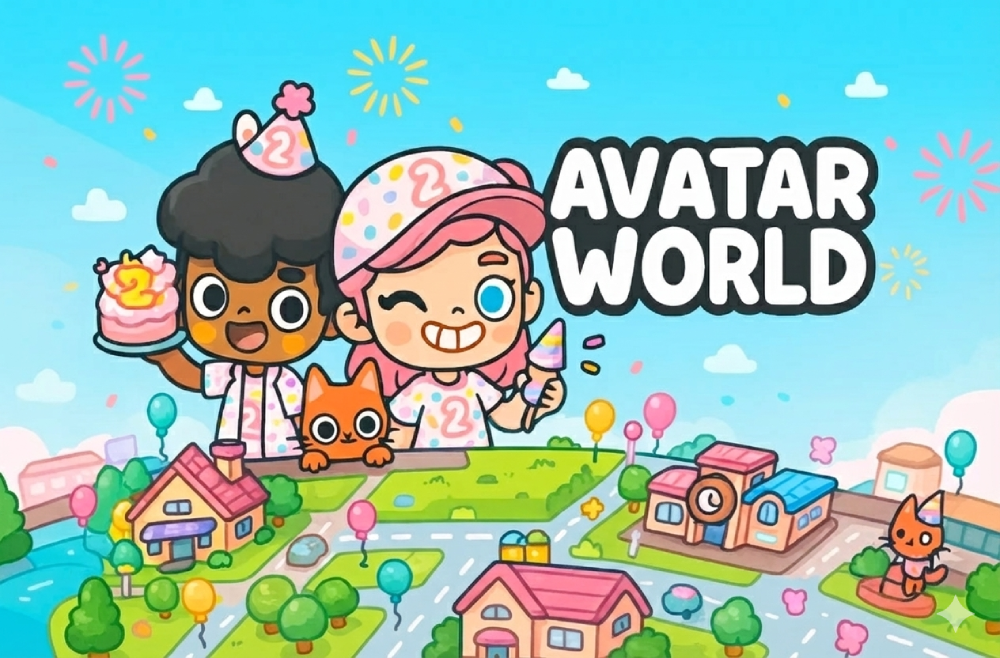 Avatar World game characters - colorful customizable avatars playing in vibrant virtual city with houses, pets, and interactive locations